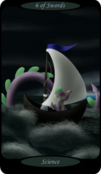 Size: 1500x2591 | Tagged: safe, artist:sixes&sevens, imported from derpibooru, part of a set, spike, dragon, minor arcana, ocean, older, older spike, outdoors, sailboat, self dragondox, six of swords, storm, tarot card, telescope, wave