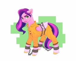 Size: 4096x3277 | Tagged: safe, artist:galinn-arts, imported from derpibooru, pipp petals, pegasus, pony, abstract background, bound wings, chained, chains, clothes, cuffs, female, floppy ears, frustrated, g5, high res, mare, open mouth, prison outfit, prisoner, shackles, solo, unshorn fetlocks, wings