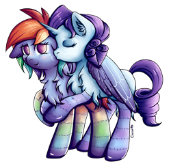 Size: 3462x3362 | Tagged: safe, artist:coco-drillo, imported from derpibooru, rainbow dash, rarity, pegasus, pony, unicorn, alternate hairstyle, blushing, cheek kiss, chest fluff, clothes, commission, couple, cute, ear fluff, eyes closed, female, floppy ears, high res, hug, kiss on the cheek, kissing, lesbian, raridash, shipping, simple background, smooch, socks, stockings, striped socks, thigh highs, transparent background, winghug, wings