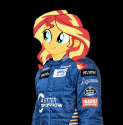 Size: 649x656 | Tagged: safe, edit, imported from derpibooru, sunset shimmer, equestria girls, mclaren, racesuit, racing suit, smiling, solo