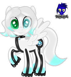 Size: 3840x4154 | Tagged: safe, artist:damlanil, imported from derpibooru, oc, oc:cold front, latex pony, original species, pegasus, pony, boots, clothes, collar, commission, cutie mark accessory, cutie mark collar, heterochromia, high res, latex, latex suit, male, rubber, rubber drone, shiny, shiny mane, shoes, show accurate, stallion, suit, transformation, vector, wings