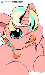 Size: 1335x2224 | Tagged: safe, artist:cosmiclitgalaxy, imported from derpibooru, oc, oc only, oc:peach tea, pony, chest fluff, commission, cute, solo, tongue out, ych result
