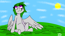 Size: 1200x675 | Tagged: safe, artist:ukedideka, imported from derpibooru, oc, oc only, oc:quizzical aphre, pegasus, pony, blue sky, cloud, grass, looking up, purple eyes, redraw, sitting, smiling, solo, spread wings, wings
