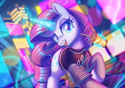 Size: 3508x2480 | Tagged: safe, artist:musicfirewind, artist:wavecipher, imported from derpibooru, rarity, pony, unicorn, 80s, city, clothes, cup, drink, drinking straw, eyeshadow, female, glowing horn, heart, heart eyes, high res, horn, jpg, levitation, lidded eyes, looking at you, magic, makeup, mare, neon, nostalgia, open mouth, raised hoof, raised leg, shirt, smiling, solo, straw, telekinesis, wingding eyes