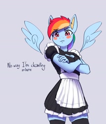 Size: 3232x3774 | Tagged: safe, artist:mrscroup, imported from derpibooru, rainbow dash, anthro, pegasus, adorasexy, blush sticker, blushing, boob window, clothes, crossed arms, cute, dashabetes, embarrassed, floating wings, frown, high res, looking at you, maid, rainbow maid, sexy, simple background, skindentation, skirt, socks, solo, stupid sexy rainbow dash, text, thigh highs, wings, zettai ryouiki