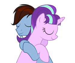 Size: 886x744 | Tagged: safe, artist:culu-bluebeaver, imported from derpibooru, starlight glimmer, oc, oc:bluehooves, earth pony, pony, unicorn, comic:the newcomer, eyes closed, female, glimmooves, hug, male, mare, png, s5 starlight, simple background, smiling, stallion, straight, transparent background