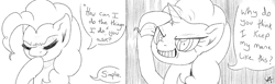 Size: 2600x800 | Tagged: safe, artist:underwoodart, imported from derpibooru, pinkie pie, 2koma, anime, black and white, english, grayscale, hotblooded pinkie pie, monochrome, simple background, text