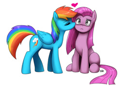 Size: 1100x791 | Tagged: safe, artist:johnjoseco, imported from derpibooru, pinkie pie, rainbow dash, earth pony, pegasus, pony, cheek kiss, eyes closed, female, heart, kiss on the cheek, kissing, lesbian, mare, pinkamena diane pie, pinkiedash, redraw, shipping, simple background, sitting, white background
