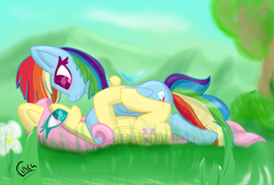 Size: 3545x2394 | Tagged: safe, artist:vinca, imported from derpibooru, fluttershy, rainbow dash, pegasus, pony, female, flutterdash, high res, lesbian, lying down, lying on top of someone, mare, shipping