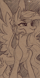 Size: 4094x7983 | Tagged: safe, artist:faline-art, imported from derpibooru, princess celestia, alicorn, pony, absurd file size, absurd resolution, chest fluff, female, mare, monochrome, png, smiling, solo, spread wings, traditional art, wings
