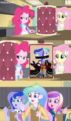 Size: 1920x3240 | Tagged: safe, artist:robukun, edit, edited screencap, imported from derpibooru, screencap, fluttershy, pinkie pie, princess cadance, princess celestia, princess luna, equestria girls, friendship games, bondage, bound and gagged, bound together, brooch, cake, cutie mark accessory, cutie mark brooch, dean cadance, exploitable meme, food, gag, inside the cake meme, jewelry, meme, principal celestia, tied to chair, vice principal luna