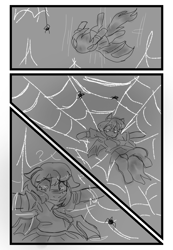 Size: 960x1384 | Tagged: safe, artist:belle_bonni, imported from derpibooru, oc, oc only, oc:xuan mai, bat pony, pony, spider, comic:spelunker, bat pony oc, black and white, cave, comic, commission, grayscale, monochrome, peril, question mark, solo, spider web