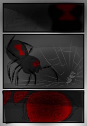 Size: 960x1384 | Tagged: safe, artist:belle_bonni, imported from derpibooru, oc, oc only, oc:xuan mai, bat pony, black widow, giant spider, pony, spider, comic:spelunker, bat pony oc, beast, cave, comic, commission, eye contact, looking at each other, monster, peril, scared, solo, spider web, this will end in pain, this will end in tears