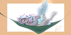 Size: 2088x1044 | Tagged: safe, artist:lesenka, imported from derpibooru, oc, oc only, oc:alabaster, oc:skyline, pegasus, pony, art, blushing, chest fluff, commission, cuddling, cum, cute, duo, facial, female, hammock, laughing, male, mare, pegasus oc, snuggling, stallion, straight, wings, ych result