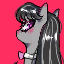 Size: 1653x1653 | Tagged: safe, artist:silkyunii, imported from derpibooru, octavia melody, pony, bowtie, bust, colored pupils, female, looking back, mare, pink background, portrait, simple background, solo