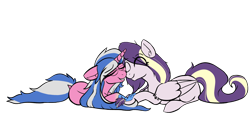 Size: 2000x1080 | Tagged: safe, anonymous artist, imported from derpibooru, oc, oc only, oc:alto legato, oc:azure serenity, pegasus, unicorn, boop, cute, eyes closed, glasses, holding hooves, lying down, noseboop, shipping, simple background, transparent background