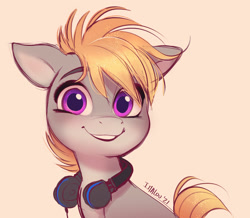 Size: 1936x1692 | Tagged: safe, artist:imalou, imported from derpibooru, oc, oc only, oc:cookie malou, earth pony, pony, headphones, looking at you, simple background, smiling