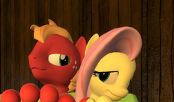 Size: 764x449 | Tagged: safe, artist:hectorlongshot, edit, imported from derpibooru, big macintosh, fluttershy, anthro, 3d, cropped, female, fluttermac, male, shipping, straight, toes