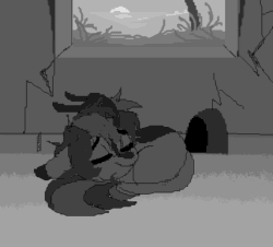 Size: 529x478 | Tagged: safe, artist:brainiac, imported from derpibooru, oc, oc only, oc:silent spring, kirin, animated, black and white, gif, grayscale, monochrome, onomatopoeia, pixel art, sleeping, solo, sound effects, zzz