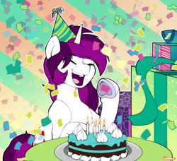 Size: 1919x1748 | Tagged: safe, artist:breioom, imported from derpibooru, oc, oc only, oc:curiosity cosmos, pony, unicorn, ambiguous gender, birthday, cake, cheering, confetti, eyes closed, food, hat, party, party hat, raised hoof, solo, table, underhoof, whipped cream