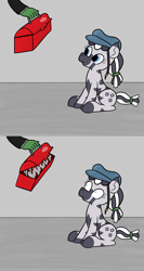 Size: 3000x5618 | Tagged: safe, artist:wren, oc, oc:anon, oc:carjack, zebra, female, hairband, hat, mare, metric system, present, shocked, toolbox, wrench