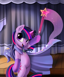 Size: 750x900 | Tagged: safe, artist:ponykillerx, imported from derpibooru, twilight sparkle, pony, unicorn, belly, bipedal, cape, clothes, curtain, glowing horn, hat, horn, magic, smiling, solo, telekinesis, the great and powerful twilight, trixie's cape, trixie's hat, unicorn twilight, wand