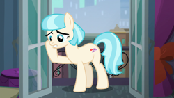 Size: 1280x720 | Tagged: safe, edit, edited screencap, editor:slayerbvc, imported from derpibooru, screencap, coco pommel, earth pony, made in manehattan, accessory-less edit, balcony, female, mare, missing accessory, raised hoof, solo