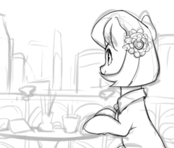 Size: 650x554 | Tagged: safe, coco pommel, earth pony, pony, city, coffee, flower, flower in hair, looking away, monochrome, sitting, smiling, table