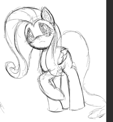 Size: 753x813 | Tagged: safe, fluttershy, earth pony, pony, looking at you, monochrome, raised hoof, simple background, sketch