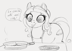 Size: 867x617 | Tagged: safe, artist:dotkwa, oc, oc only, earth pony, pony, dialogue, frying pan, monochrome, open mouth, simple background, spanish, speech bubble, stove, talking