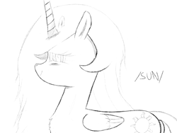 Size: 1600x1200 | Tagged: safe, princess celestia, alicorn, pony, /sun/, blushing, looking at you, looking back, looking back at you, monochrome, sketch, small wings, smiling, wings