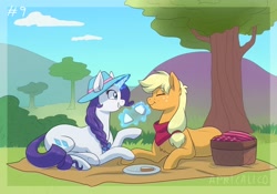 Size: 750x526 | Tagged: safe, artist:feellikeaplat, applejack, rarity, earth pony, pony, unicorn, basket, eyes closed, food, hat, magic, mountain, picnic, picnic basket, picnic blanket, plate, sandwich, sitting, smiling, tree