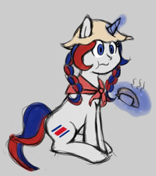 Size: 800x900 | Tagged: safe, artist:machacapigeon, oc, oc only, oc:panchita, pony, unicorn, bandana, braided pigtails, costa rica, eating, empanada, featured image, female, food, gray background, hat, magic, mare, simple background, sitting, solo