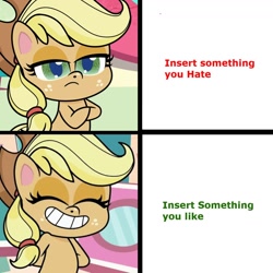 Size: 1300x1300 | Tagged: safe, edit, edited screencap, imported from derpibooru, screencap, applejack, earth pony, pony, how applejack got her hat back, my little pony: pony life, superb six, spoiler:pony life s01e04, applejack is not amused, crossed arms, eyes closed, female, grin, hotline bling, meme, smiling, solo, teeth, unamused