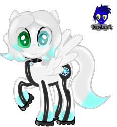 Size: 3840x4154 | Tagged: safe, artist:damlanil, imported from derpibooru, oc, oc:cold front, latex pony, original species, pegasus, pony, boots, clothes, collar, commission, cutie mark accessory, cutie mark collar, latex, latex suit, male, rubber, rubber drone, shiny, shiny mane, shoes, show accurate, stallion, suit, transformation, vector, wings