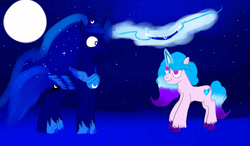 Size: 1280x747 | Tagged: safe, artist:horsesplease, imported from ponybooru, izzy moonbow, princess luna, bow (weapon), g5, magic, moon, pun
