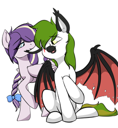 Size: 2500x2700 | Tagged: safe, anonymous artist, imported from derpibooru, oc, oc only, oc:azure serenity, oc:dagger strike, bat pony, pegasus, biting, blushing, ear bite, high res, simple background, transparent background