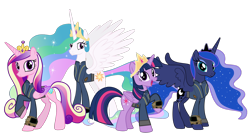 Size: 5360x3008 | Tagged: safe, artist:alandssparkle, artist:andoanimalia, artist:ponygamer2020, imported from derpibooru, princess cadance, princess celestia, princess luna, twilight sparkle, alicorn, pony, fallout equestria, the last problem, absurd resolution, alicorn tetrarchy, alicorn triarchy, clothes, crown, facing you, fallout, female, group, implied wing hole, jewelry, jumpsuit, looking at you, mare, pipboy, regalia, royal sisters, siblings, simple background, sisters, smiling, smiling at you, transparent background, twilight sparkle (alicorn), vault suit, vector