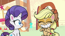 Size: 1280x720 | Tagged: safe, imported from derpibooru, screencap, applejack, rarity, earth pony, pony, how applejack got her hat back, my little pony: pony life, spoiler:pony life s01e04, applejack's hat, cowboy hat, cute, duo, duo female, eyes closed, female, g4.5, gritted teeth, hat, jackabetes, pony life, raribetes, sitting, teeth