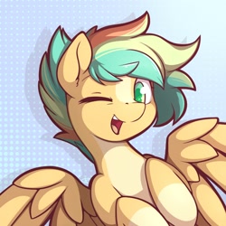 Size: 2000x2000 | Tagged: safe, artist:theparagon, imported from derpibooru, pegasus, pony, abstract background, blaze (coat marking), bust, coat markings, colored hooves, facial markings, female, green eyes, high res, looking at you, mare, one eye closed, pale belly, portrait, signature, socks (coat markings), solo, spread wings, wings, wink