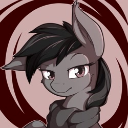 Size: 2000x2000 | Tagged: safe, artist:theparagon, imported from derpibooru, oc, oc only, bat pony, pony, abstract background, bust, clothes, floppy ears, high res, lidded eyes, looking at you, portrait, scarf, solo