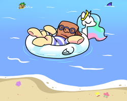 Size: 1500x1200 | Tagged: safe, artist:paperbagpony, imported from derpibooru, princess celestia, oc, oc:paper bag, pony, shark, beach, clothes, cute, female, female focus, floaty, goggles, inflatable, inflatable toy, inner tube, ocean, one-piece swimsuit, pool toy, sand, seashell, solo focus, spongebob squarepants, swimsuit, water