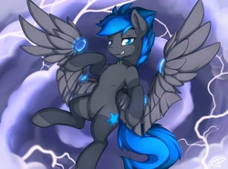 Size: 3500x2600 | Tagged: safe, artist:theparagon, imported from derpibooru, oc, oc only, oc:vibrant star, earth pony, pony, artificial wings, augmented, collar, high res, looking at you, male, mechanical wing, smiling, smirk, spread wings, stallion, wings