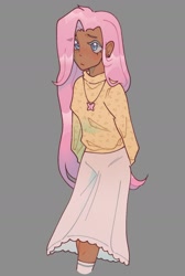 Size: 952x1417 | Tagged: safe, artist:nakkipng, imported from derpibooru, fluttershy, human, clothes, cute, cutie mark accessory, cutie mark necklace, dark skin, gray background, humanized, jewelry, long skirt, necklace, shyabetes, simple background, skirt, solo