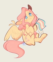 Size: 2076x2412 | Tagged: safe, artist:leapinglambs, imported from derpibooru, fluttershy, pegasus, pony, female, flag, floppy ears, headcanon, high res, hoof hold, lgbt headcanon, mare, mouthpiece, pride, pride flag, sitting, solo, spread wings, three quarter view, transgender pride flag, wings