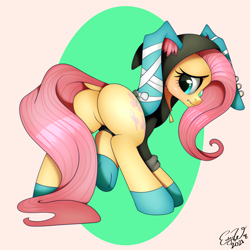 Size: 5000x5000 | Tagged: safe, artist:emilywulfstudios, imported from derpibooru, fluttershy, pegasus, pony, animal costume, blushing, bunny costume, bunny ears, bunny suit, bunnyshy, butt, clothes, costume, dangerous mission outfit, dock, featureless crotch, female, flutterbutt, hoodie, lewd, looking at you, looking back, looking back at you, mare, nervous, plot, profile, rear view, sfw, solo