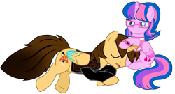 Size: 11376x6132 | Tagged: safe, artist:ejlightning007arts, imported from derpibooru, oc, oc:ej, oc:hsu amity, alicorn, pony, alicorn oc, amityej, clothes, comforting, cute, female, glasses, glowing wings, hoof on head, horn, jacket, male, oc x oc, shipping, shirt, simple background, sleeping, straight, transparent background, vector, watch, wings