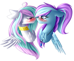 Size: 2706x2216 | Tagged: safe, artist:mediasmile666, imported from derpibooru, oc, oc only, pegasus, pony, blushing, chest fluff, choker, duo, female, floppy ears, high res, jewelry, looking at each other, mare, pendant, ponytail, simple background, transparent background