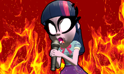 Size: 5120x3045 | Tagged: safe, artist:n3onh100, imported from derpibooru, sci-twi, twilight sparkle, equestria girls, 3d, aggressive retsuko, aggretsuko, death metal, fire, gmod, microphone, reference, screaming, white eyes