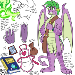 Size: 3000x3000 | Tagged: safe, artist:gingygin, imported from derpibooru, spike, dragon, adult, adult spike, apron, bag, book, clothes, fire, fire breath, high res, male, messenger bag, older, older spike, reference sheet, simple background, solo, white background, winged spike, wings